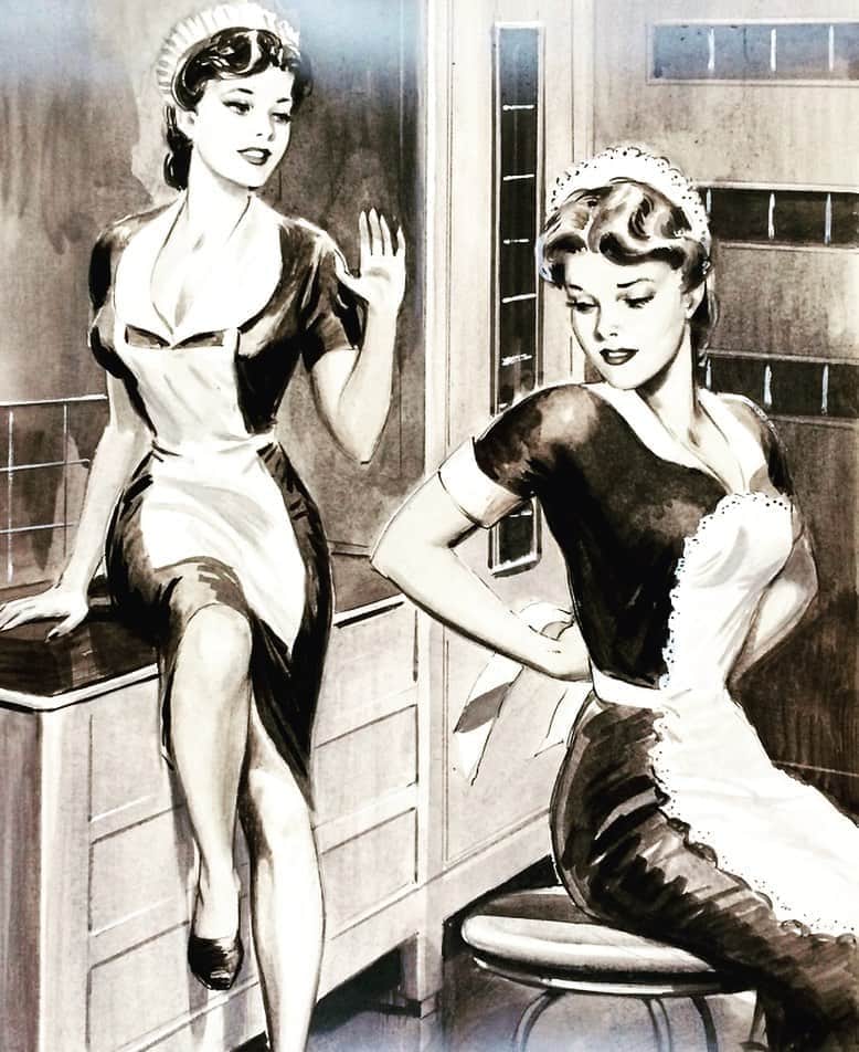 アレクシマビーユのインスタグラム：「Inspiration @alexismabille #soubrette #alexismabille #frenchmaid #maid #black&white #ruffles #apron #contrast #blackdress #sexappeal #chic #elegance #fantasm #timeless #beauties #inspiration #ss21 #illustration #fashionillustration」