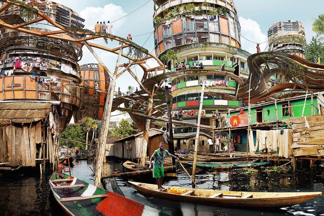 TED Talksのインスタグラム：「What will the world's megacities look like in the future? Here's a vibrant vision of a 22nd-century Lagos, from Nigerian-born, Brooklyn-based artist Olalekan Jeyifous. With 21 million residents, Lagos, the capital of Nigeria, is one of the planet's fastest growing megacities. Jeyifous created his sci-fi-infused renderings by layering detailed drawings on photos of contemporary life in Lagos. His aim is to spark conversations about urban planning and inequality, raising questions like: Who currently decides how our cities are developed? And what would happen if the residents of low-income communities could weigh in? The result might look like his imaginative images. “I hope it gets people thinking about these communities less as this ... poor slum and more about the individuals who live there," he says. See more of Jeyifous's awe-inspiring work at the link in our bio. ⁠ ⁠ [Image: Olalekan Jeyifous / @kidcadaver]」