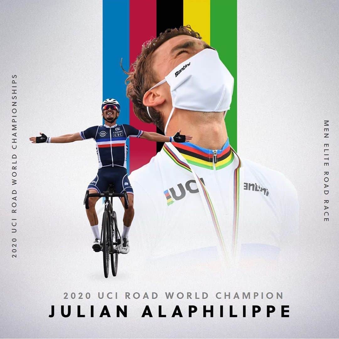 マーク・カヴェンディッシュのインスタグラム：「A champion of a friend. A champion of a teammate. Now a Champion of the World. So so so deserved. What an incredible rider to represent our sport in the Rainbow Jersey for the next year. Congratulations @alafpolak 👏👏👏😚🔵🔴⚫️🟡🟢 📸 @uci_cycling」