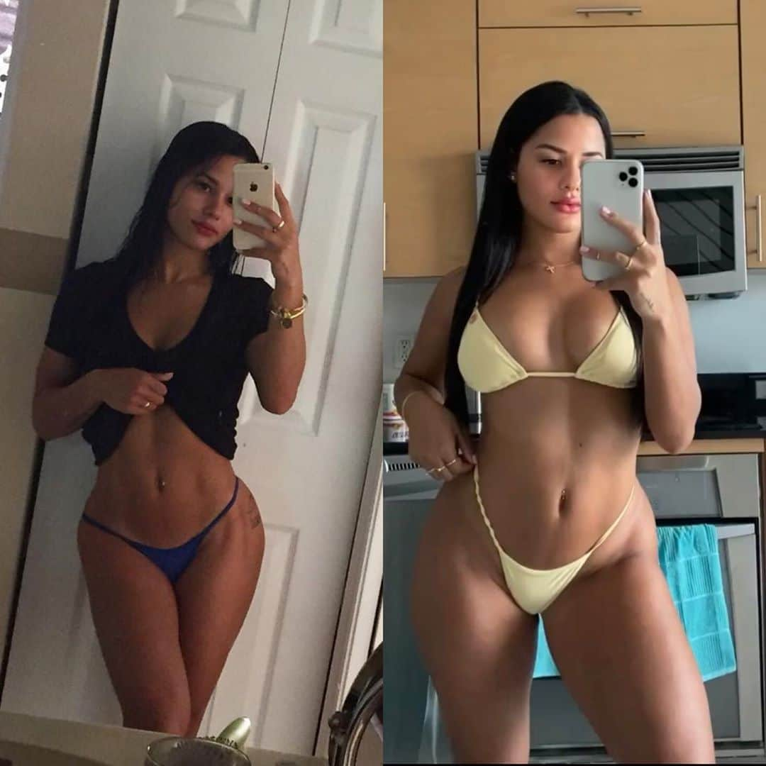 Katya Elise Henryさんのインスタグラム写真 - (Katya Elise HenryInstagram)「A reminder that we all have a starting point ❤️ this isn't about which one you "prefer" more, it's about which one I feel the most CONFIDENT and the BEST in - physically & mentally. Over the years, looking "skinny" and "toned" was all that the fitness industry cared about - eating less carbs, doing more cardio, high rep sets & and going easy on them weights! Ummm hell nahh 😈 Boyyyy am I glad I didn't succumb to that... I went with what my gut told me and listened to my body was wanting. TRYING to get “THICC” wasn't really a thing back then honestly, but now I'm so glad to see hundreds and thousands of WBK girls from all around the world join in the movement and challenge the idea that us girls need to be thin to be attractive!!! You don't need to starve yourself girls, and don't be afraid of lifting heavier than the guy next to you, focus on yourself and always aim to be better than the person you were yesterday 🌟   If you're not sure where to start, try out my 30 days to a WBK girl plan - and find out what all the hype is about! Link in bio 🍑 @workouts_by_katya」9月28日 2時46分 - katyaelisehenry