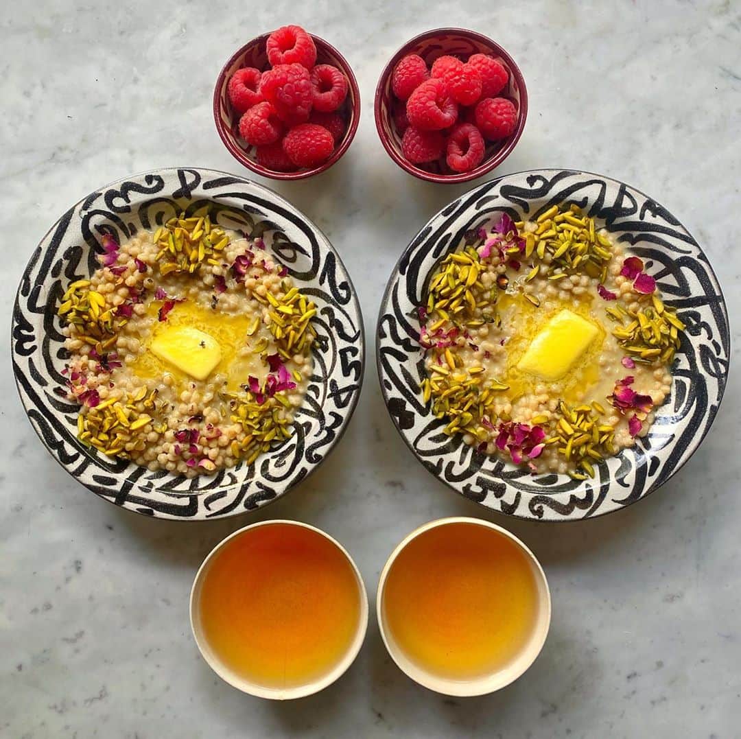 Symmetry Breakfastのインスタグラム：「COMPETITION BELOW! 👇🏼👇🏼👇🏼Maftoul bil sukar, from @palestineonaplate’s book Baladi using @zaytoun_cic organic hand rolled maftoul, which is often called pearl couscous, simply cooked and served heavily buttered and sweetened with sugar and garnished with slivered green pistachio and scant amount of rose petals. A divine and speedy breakfast! - - - - - - - - - - - - - - - - I’m giving away FIVE of @palestineonaplate’s fabulous Zoom group cooking classes!   To enter, it’s simple: - Follow me, @symmetrybreakfast, and my friend at @palestineonaplate - Comment on either of latest posts tagging a friend you would love to make one of Joudie’s delicious creations for. - Tag as many friends in separate comments as you like - each comment counts as an entry! Good luck! - Terms and Conditions in the comments below」