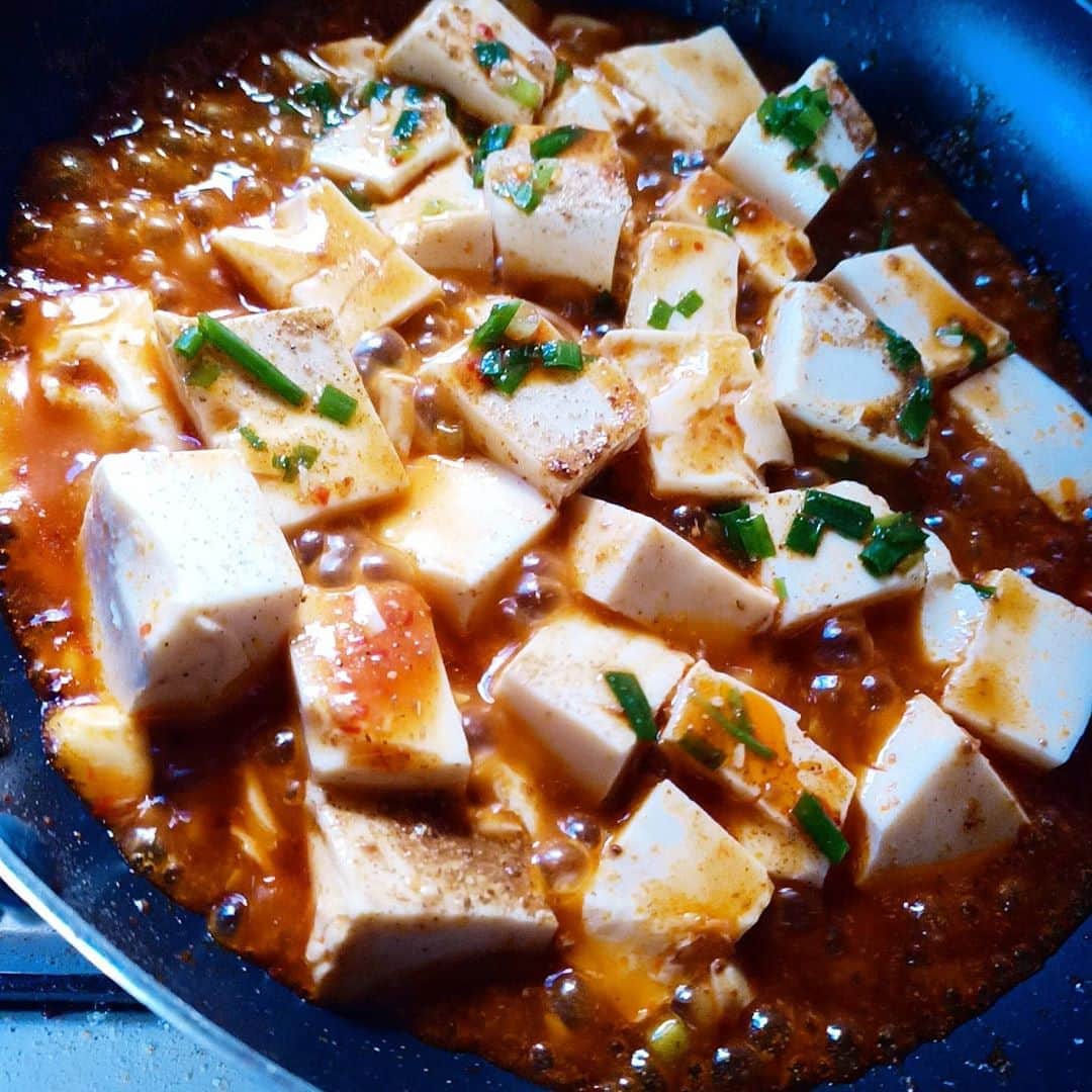 松本隆博のインスタグラム：「。 賞味期限切れのお豆腐。 なんとかしないとあかん ので、 特に食べたい訳ではない のに麻婆豆腐作ったら、 作ってるうちに腹が減り 完食した…(￣▽￣;)  麻婆豆腐はカロリーゼロ (~0~)」