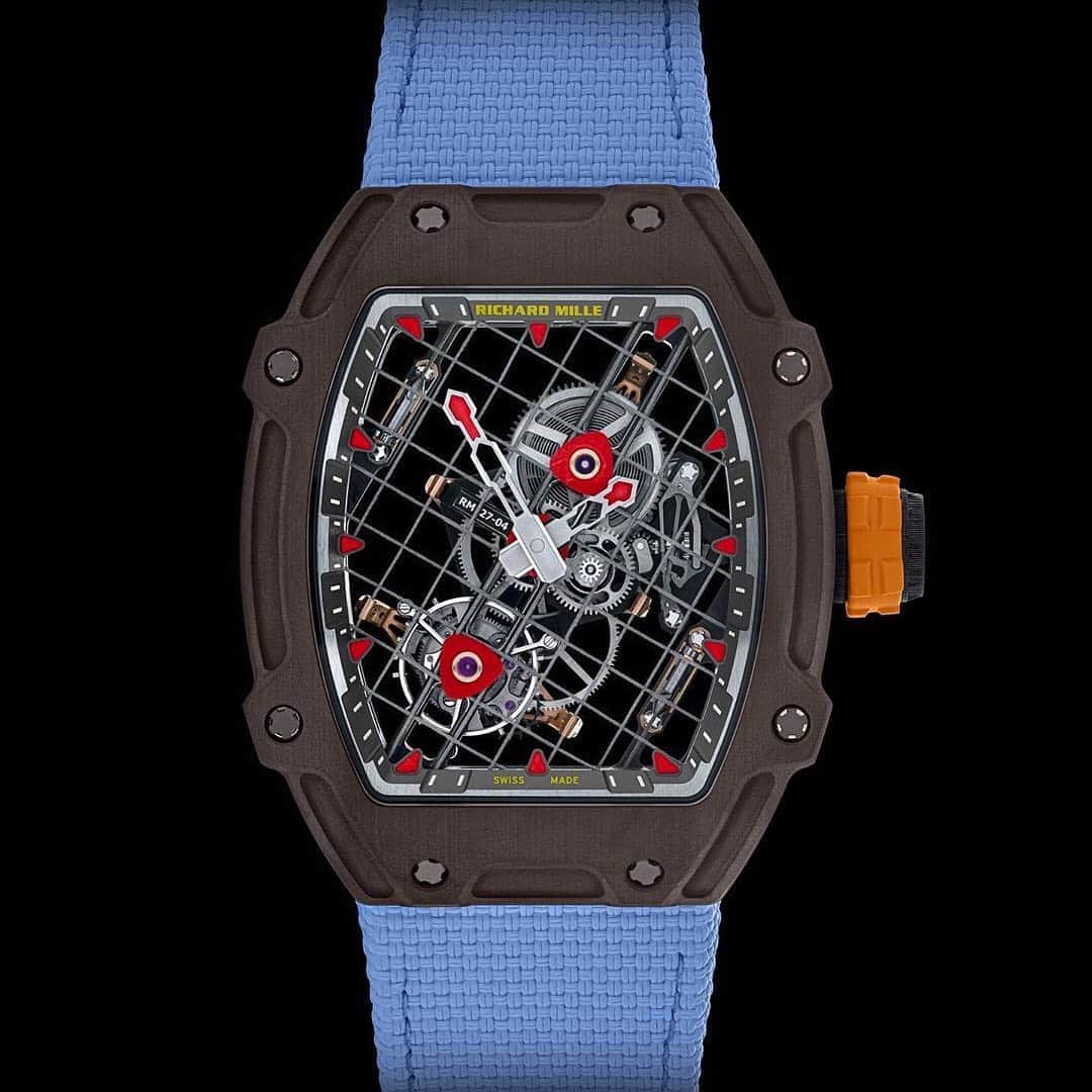 HYPEBEASTさんのインスタグラム写真 - (HYPEBEASTInstagram)「@hypebeaststyle: @richardmille and @rafaelnadal have unveiled a new tennis-inspired RM 27-04 watch. Drawing from the strings of a tennis racquet, the watch’s movement is supported by a single 0.27mm steel cable anchored in place by tensioners. It also sees details like grade 5 titanium construction, 5N gold PVD coating, a 38.4mm x 47.25mm TitaCarb case, and a blue woven strap. Limited to just 50 pieces, each one comes with a $1,050,000 USD price tag each.⁠⠀ Photo: @philippelouzon」9月28日 16時08分 - hypebeast