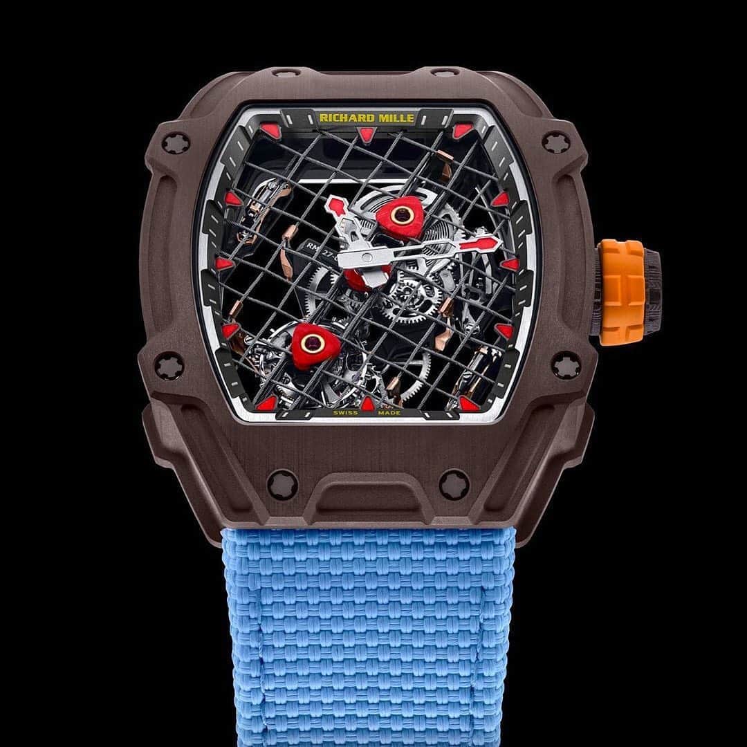 HYPEBEASTさんのインスタグラム写真 - (HYPEBEASTInstagram)「@hypebeaststyle: @richardmille and @rafaelnadal have unveiled a new tennis-inspired RM 27-04 watch. Drawing from the strings of a tennis racquet, the watch’s movement is supported by a single 0.27mm steel cable anchored in place by tensioners. It also sees details like grade 5 titanium construction, 5N gold PVD coating, a 38.4mm x 47.25mm TitaCarb case, and a blue woven strap. Limited to just 50 pieces, each one comes with a $1,050,000 USD price tag each.⁠⠀ Photo: @philippelouzon」9月28日 16時08分 - hypebeast