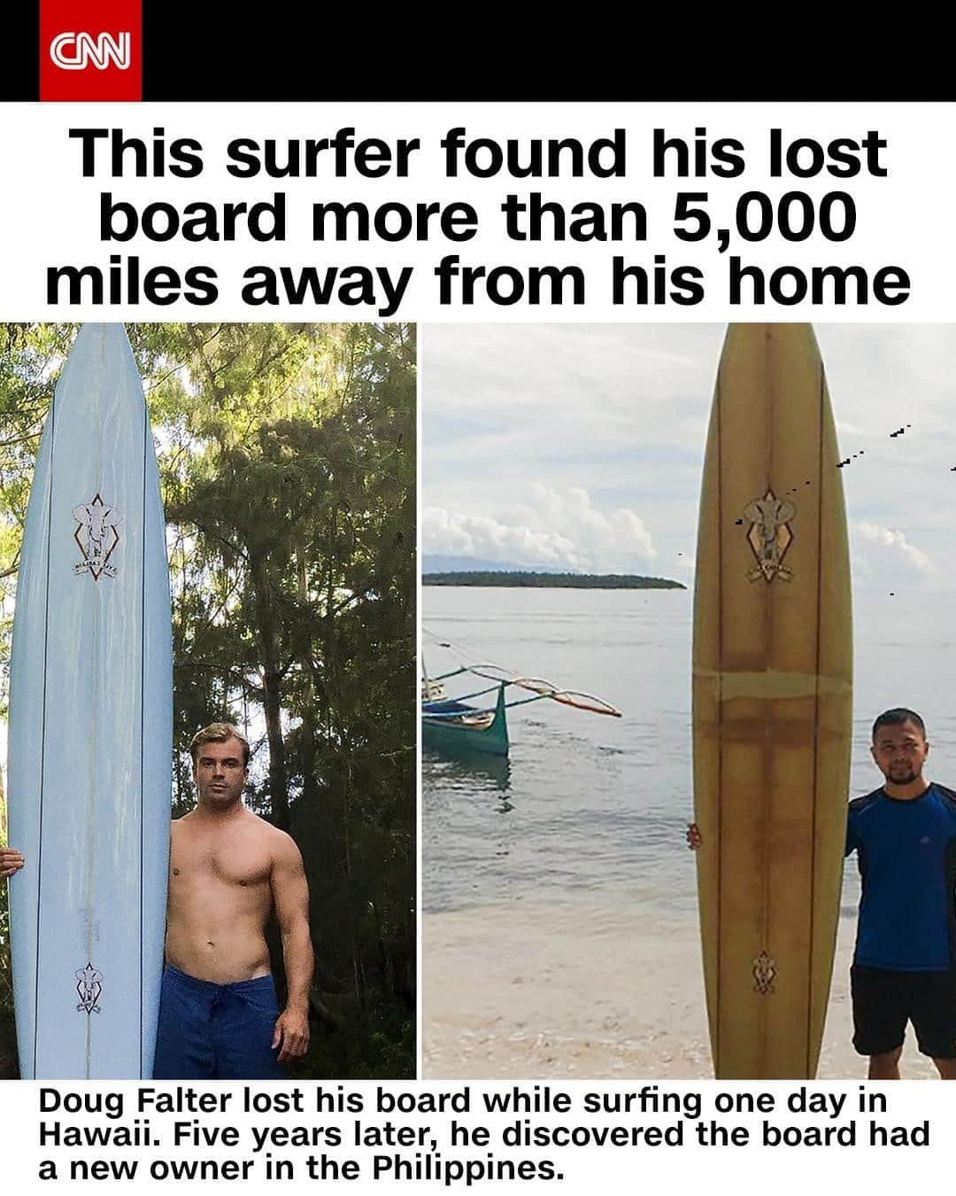 CNNさんのインスタグラム写真 - (CNNInstagram)「Hawaii photographer and surfer Doug Falter lost his surfboard in February 2018. Five years later, the board reappeared more than 5,000 miles away in the Philippines. As it turns out, the board had been discovered six months after its disappearance by a fisherman who then sold it to aspiring surfer Giovanne Branzuela, a primary school teacher in the southern Philippines. Falter now plans to travel to the Philippines after the coronavirus pandemic is over to teach Branzuela how to surf and retrieve his surfboard. ⁠ (📸: Handout/AFP/Getty Images)」9月28日 9時01分 - cnn
