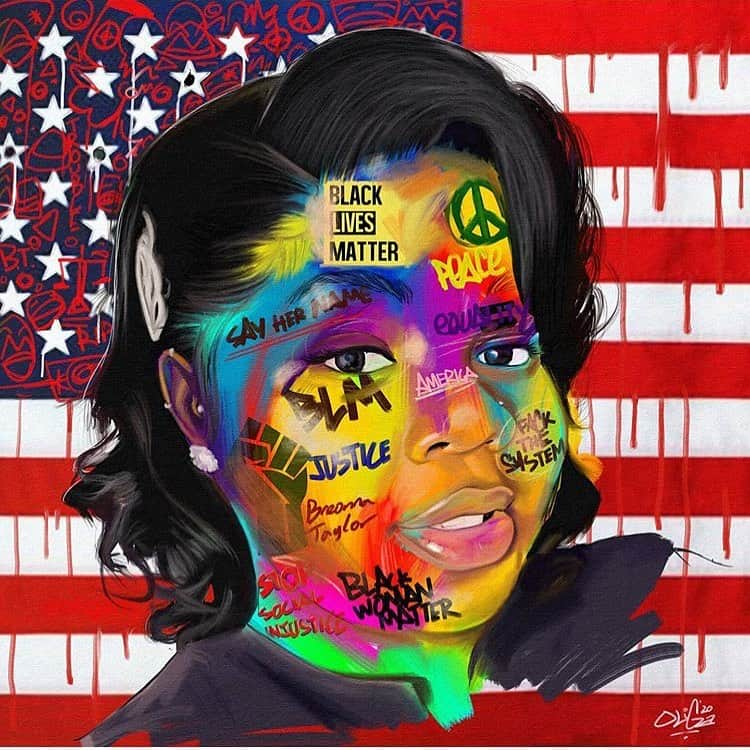 マーシャ・トマソンのインスタグラム：「Breonna Taylor’s life mattered. My heart aches for her and all those that loved her. My heart aches for all of us. •••BLACK LIVES MATTER••• #blacklivesmatter #blm #nojusticenopeace #vote.  Art by @oligarts」