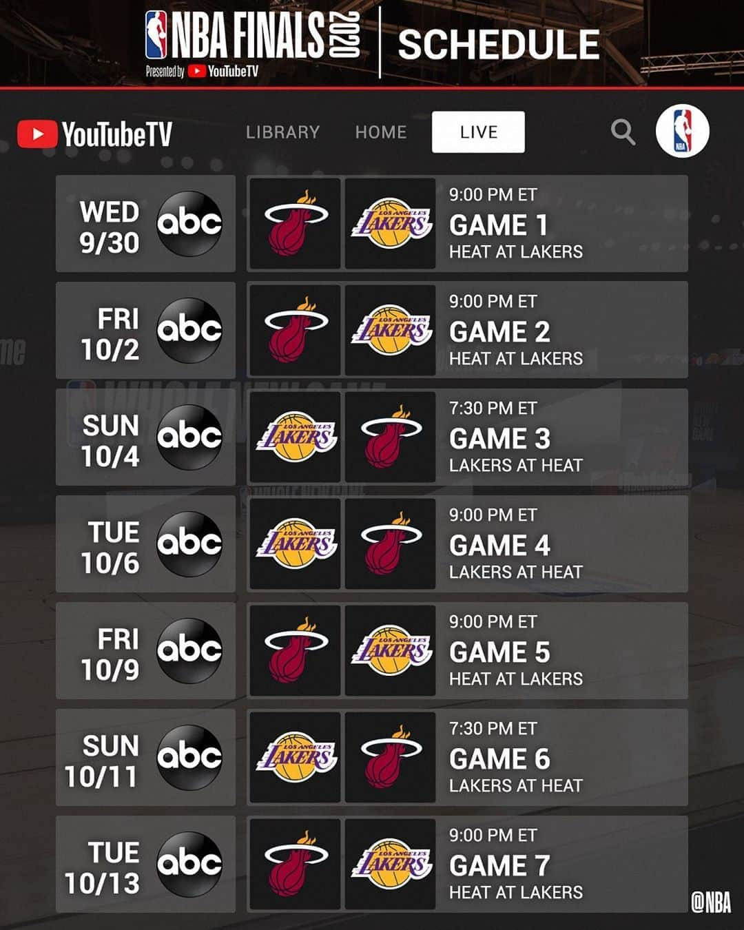 NBAさんのインスタグラム写真 - (NBAInstagram)「NBA Finals GAME SCHEDULE 📅  Game 1 of the 2020 #NBAFinals presented by YouTube TV begins Wednesday at 9pm/et on ABC!」9月28日 12時23分 - nba