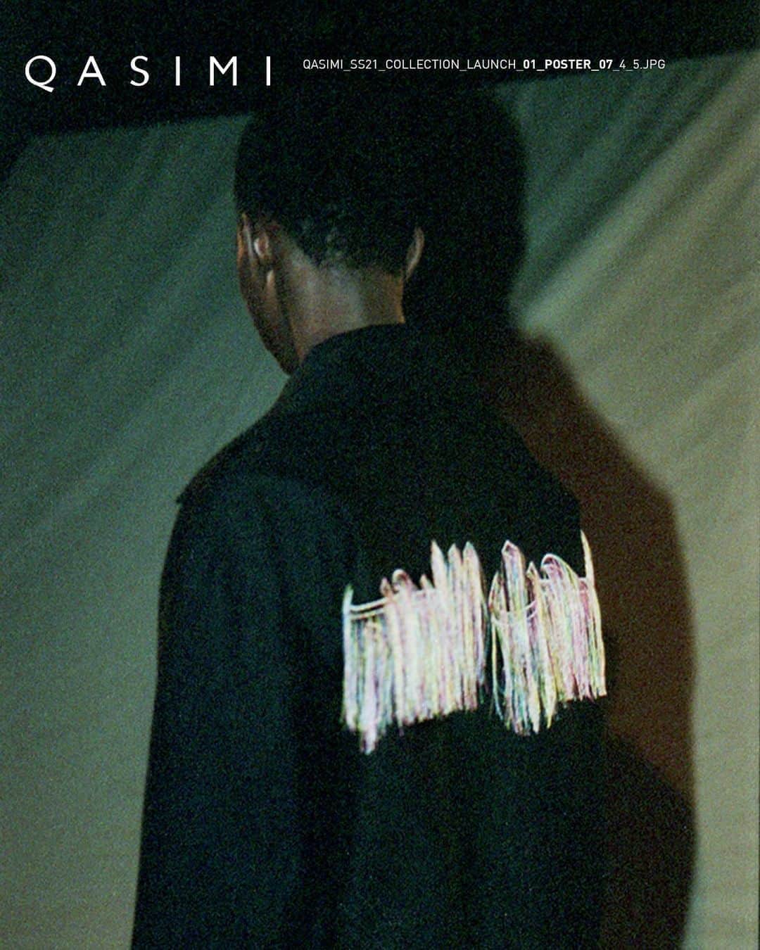 のインスタグラム：「The unifying call: “We the People” from Nari Ward’s work of the same title in Arabic (subverting the first line of the preamble to the American Constitution) is a rallying call to come together. Nari’s use of dangling shoelaces has been translated into garments as a fringe embroidery on our military cotton bomber, Azzam.  #ss21 #qasimiss21 #menswear #mensfashion #qasimi」