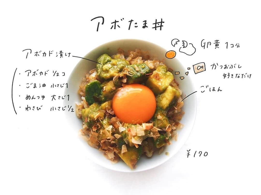 Locariのインスタグラム：「＼簡単丼ものレシピ／﻿ @__mo_chi さんの投稿をご紹介します✎﻿ ・﻿ アボたま丼﻿ ﻿ 材料だけでおいしさが伝わると思うのですが、﻿ 実際濃厚でおいしいです...﻿ ﻿ アボカド漬けはなんにでも合うので﻿ 倍量で一個分作っちゃっておくのが﻿ おすすめです〜🥑﻿ ・﻿ #自炊 #一人暮らしご飯#一人暮らし#ズボラ飯﻿ #自炊部#自炊女子#節約ごはん#節約レシピ﻿  #おうちごはん#食べて痩せる#ダイエットメニュー#ダイエットレシピレシピスケッチ#おえかきレシピ」