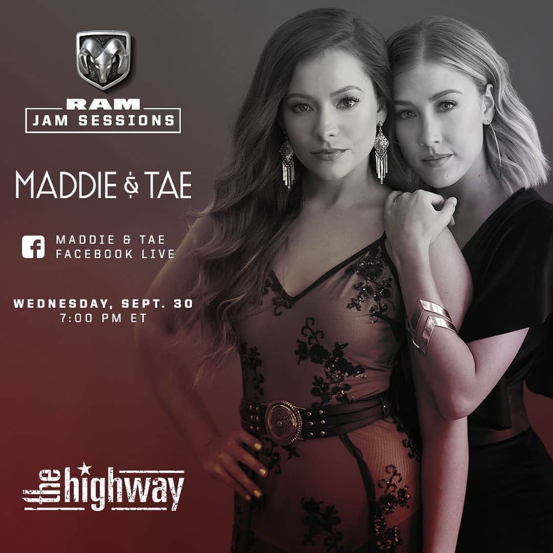 Maddie & Taeさんのインスタグラム写真 - (Maddie & TaeInstagram)「Don’t miss our #RamJamSessions Facebook live stream with @RamTrucks and @sxmthehighway this Wednesday, Sept 30 at 7:00 PM ET! See you there! 💃💃」9月29日 1時42分 - maddieandtae