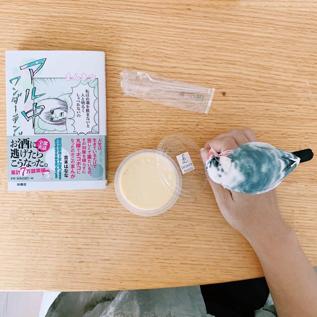 ゆきほのインスタグラム：「間違って2冊買ったアル中ワンダーランドと実家の芋をあげたら、ファボリのプリンとほうじ茶と小鳥出してくれた 良いお取引ができました★★★★★ . #まんきつ  #文鳥　#小鳥」