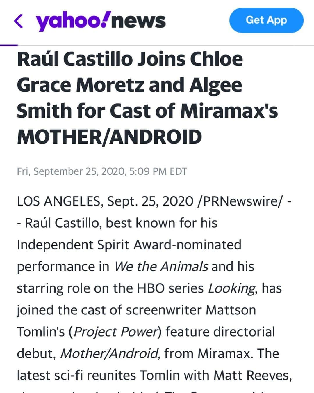 ラウル・カスティージョのインスタグラム：「Beyond thrilled to share the news. @mattsontomlin I’m coming for you, brother. #mother/android #miramax #mattsontomlin #mattreeves #raulcastillo #chloegracemoretz #algeesmith」