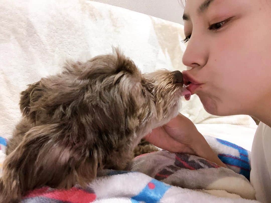 尾島知佳のインスタグラム：「朝チュー🐶💋👩🏻‍🦰」