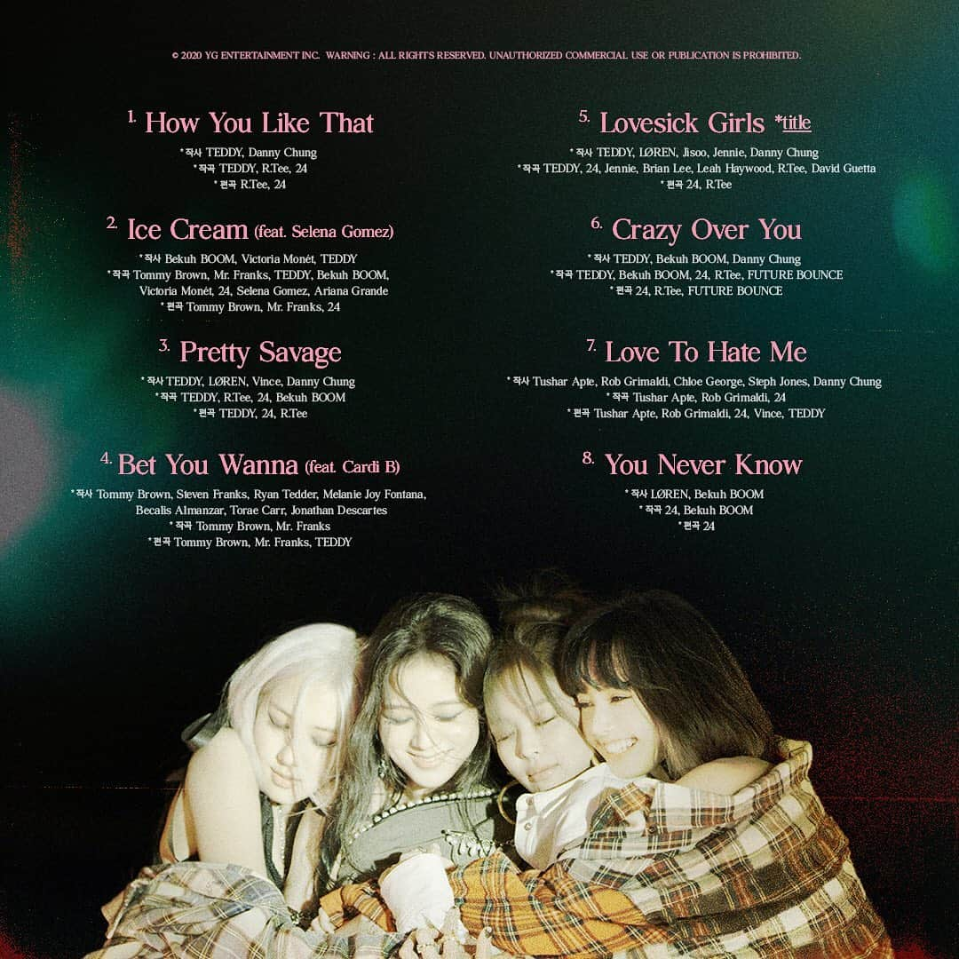 BLACKPINKさんのインスタグラム写真 - (BLACKPINKInstagram)「#BLACKPINK #블랙핑크 #1stFULLALBUM #THEALBUM #Tracklist #TITLE #LovesickGirls #HowYouLikeThat #IceCream #PrettySavage #BetYouWanna #CrazyOverYou #LoveToHateMe #YouNeverKnow #20201002_12amEST #20201002_1pmKST #Release #YG」9月29日 9時03分 - blackpinkofficial