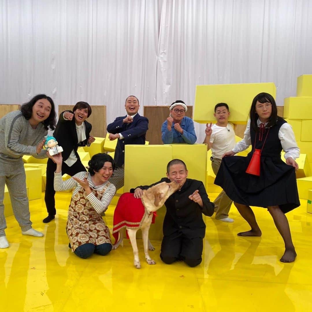 上田航平のインスタグラム：「生終了。 #お助けコントット #ランディ大活躍 #世界初 #顔で笑いが取れる犬 #生放送で完璧にコントしてた #ゾフィーに入れたい #ふくとランディとチェ #人形と犬と居酒屋社長 #TVerで是非とも見て頂戴 #裏で撮ったコントと全然関係ないただただそれっぽいオフショット載せときます#あざした」