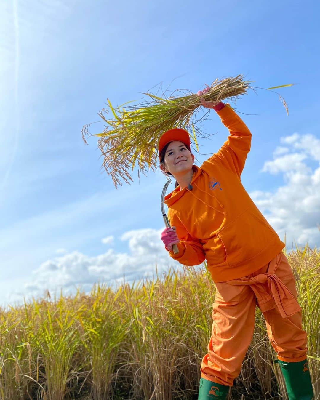 ティーナ・カリーナのインスタグラム：「今日は農姫米の稲刈り🌾🌾 今年も美味しく出来ましたよ〜✨✨  仙女の橋本千紘選手（ @chihero71 ）に撮ってもらった写真😍  撮るの上手すぎ📸 ありがとう✨✨  #仙女 #農姫米 #稲刈り」