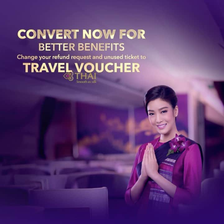 タイ航空のインスタグラム：「Just Travel When Ready  You can change your unused ticket or change your refund request to travel voucher.  *Terms and conditions apply.   Customers who have already requested a refund and wish to convert refund request to a travel voucher can contact THAI via THAI Contact Center at Tel. 02 356 1111, email: contact@service.thaiairways.com. Or your local offices here https://www.thaiairways.com/en_TH/help/contact_us/world_wide_office.page」