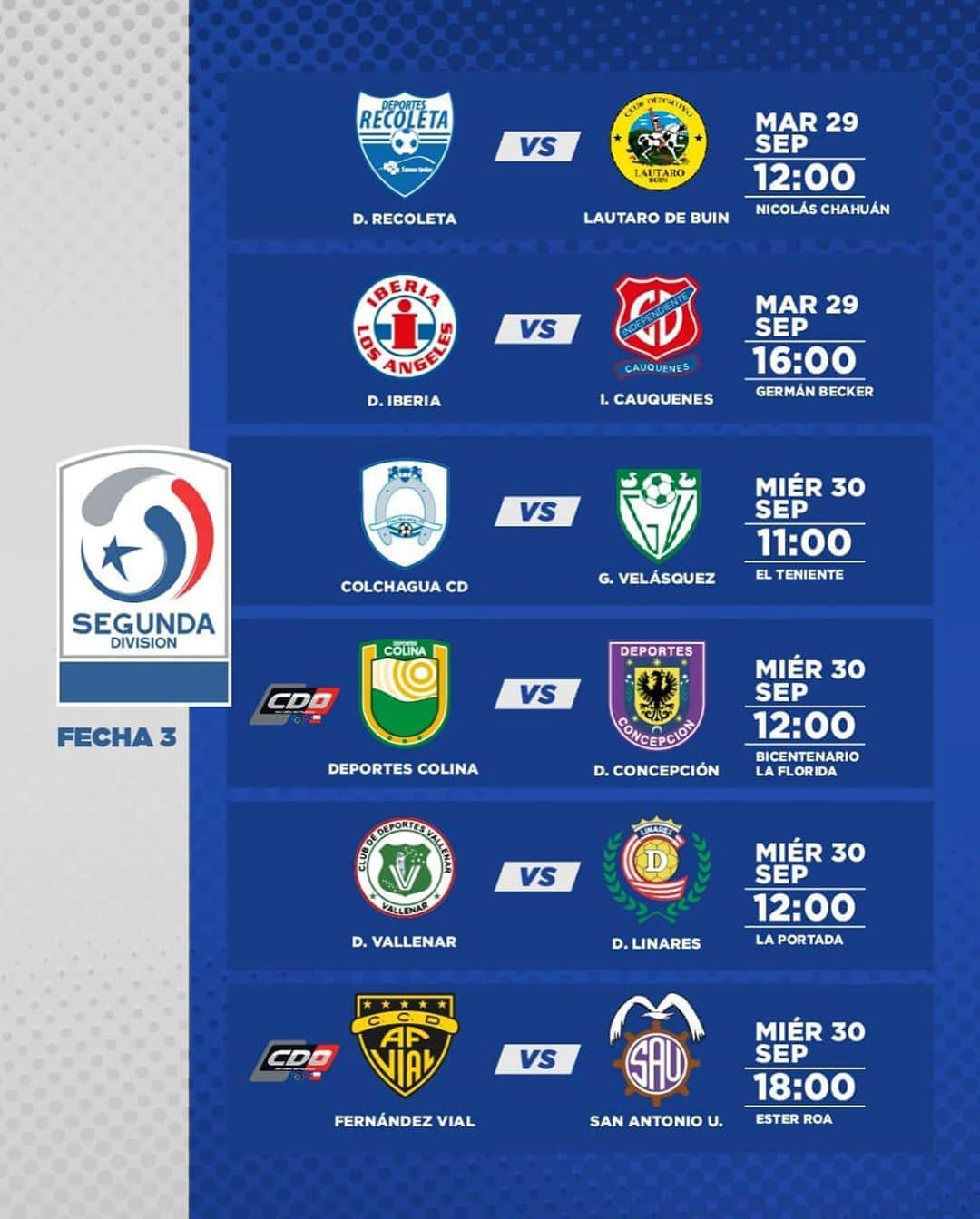 サッカー チリ代表チームさんのインスタグラム写真 - (サッカー チリ代表チームInstagram)「⚽️👍 Hoy arranca la Fecha 3 de la #SegundaDivisión en La Calera   ⏰ Entérate de toda la programación en la siguiente gráfica   #FútbolChileno #Chile」9月29日 22時12分 - campeonatochi