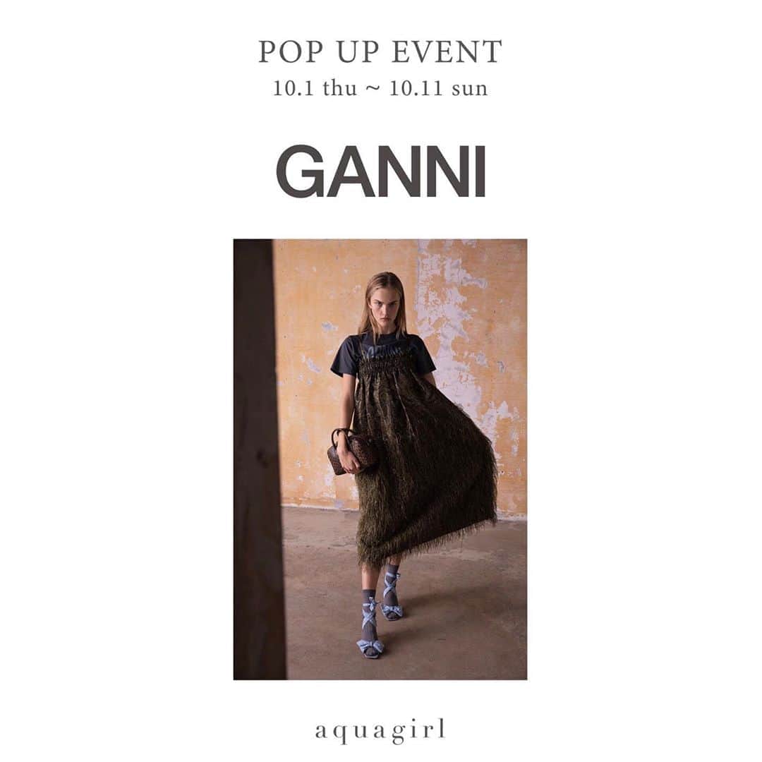アクアガールのインスタグラム：「【GANNI POP UP アクアガール渋谷】﻿ aquagirl渋谷マークシティ店にて、﻿ コペンハーゲンブランド"GANNI"のPOP UPイベントを開催致します。﻿ ﻿ 10/1 THU 〜 10/11 SUN﻿ 期間中にGANNIの商品をお買い上げのお客様に先着で、GANNIオリジナルの靴下をプレゼント🎁数量限定ですのでお早めに見にいらして下さいませ✨ ﻿ ﻿ #aquagirl #aquagirl_snap #aquagirl_wear #アクアガール #20aw #20fw #fashion #japanfashion #tokyofashion #tradstyle #feninine ﻿ #ganni #gannigirls #ガニー」
