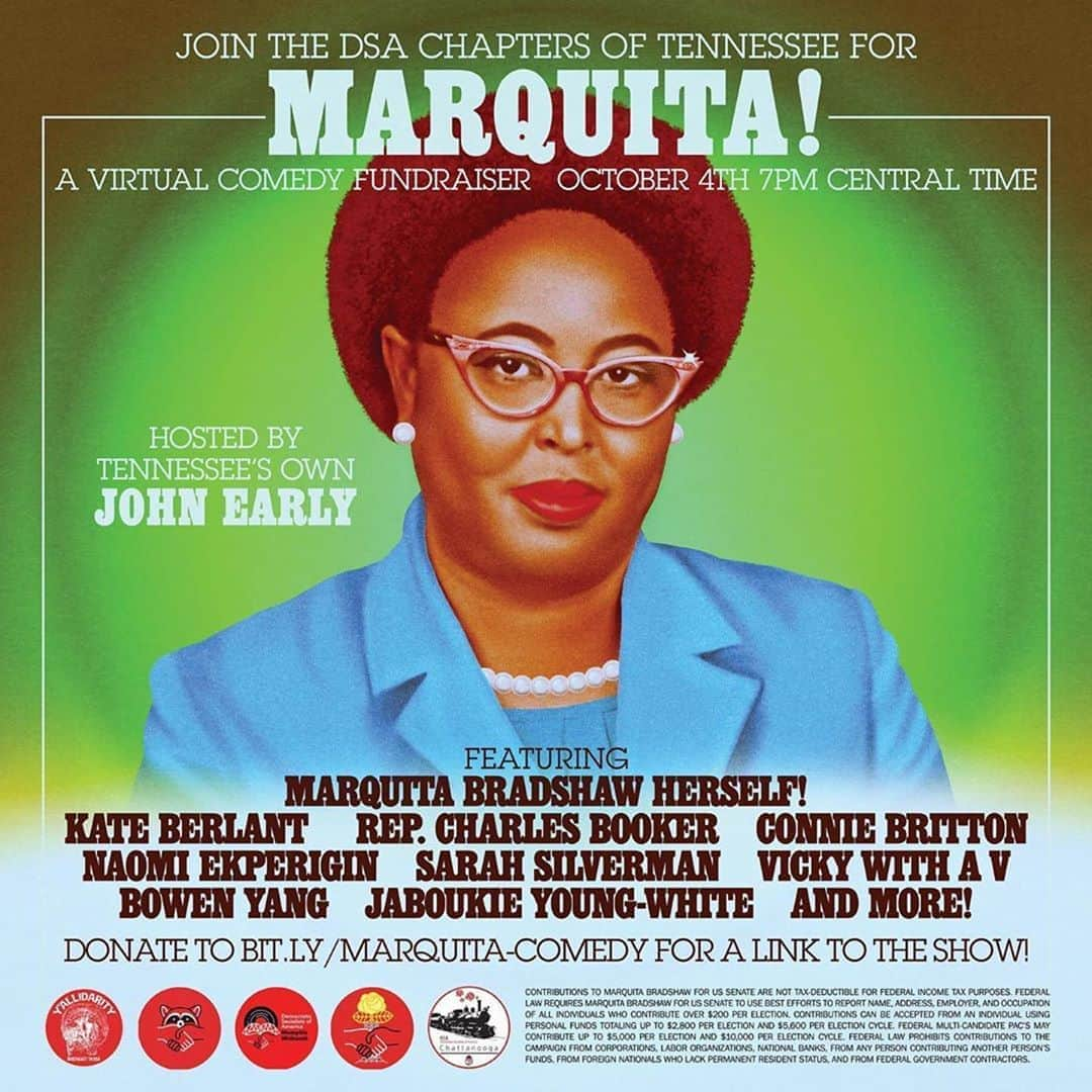 エイミー・セダリスさんのインスタグラム写真 - (エイミー・セダリスInstagram)「#Righton @bejohnce ・・・ Join the @demsocialists Chapters of Tennessee and John for MARQUITA! A Virtual Comedy Fundraiser in support of Marquita Bradshaw’s (@bradshaw2020senate) historic people-powered campaign for US Senate representing MY HOME STATE. This Sunday, October 4th 7pm Central Time (5pst / 8est). DONATE WHATEVER YOU CAN TO http://bit.ly/marquita-comedy FOR A LINK TO THE SHOW. With her stunning primary upset on a shoe-string campaign budget, running on progressive, redistributive policies (Green New Deal, Medicare For All, raising the minimum wage, universal background checks, overturning Citizens United) Marquita proved that when you go door to door and listen to working people in so-called “red states,” you win bitch. With endorsements rolling in from Bernie Sanders, Elizabeth Warren, the Sunrise Movement, and all five DSA chapters of Tennessee, let’s keep her momentum going into the general election so we can turn another Senate seat blue and expand people’s political imaginations about who can win in Tennessee! The show is gonna be huge (please consult the lineup). LET’S MAKE MARQUITA A GODDAMN STAR! Spread the word, donate, and volunteer for her campaign. ❤️ Art by @robertbeattyart of course.」9月30日 2時07分 - amysedaris