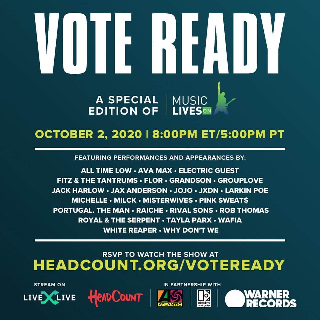 Fueled By Ramenさんのインスタグラム写真 - (Fueled By RamenInstagram)「We’re excited to announce VOTE READY, a special edition of #MusicLivesON, in partnership with @headcountorg feat. artists like @alltimelow, @flor, @grandson, @misterwives & more!  Check your voter registration status at headcount.org/voteready (link in stories) to RSVP to the show. And tune in this Friday 10/2 at 8pm ET on @livexlive! #VoteReady」9月30日 2時36分 - fueledby