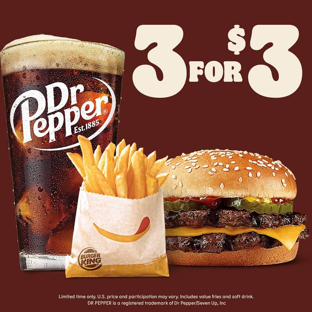 バーガーキングさんのインスタグラム写真 - (バーガーキングInstagram)「the best things in life are three. get a Double Cheeseburger or Chicken Jr. BLT with fries and a @drpepper for just $3.」9月30日 2時50分 - burgerking