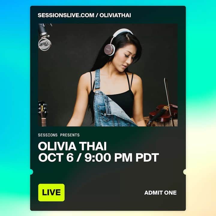 オリビア・タイのインスタグラム：「Don’t miss my show! I’m performing live in @sessionslive on October 6 at 9:00 PM PT. See you there! sessionslive.com/OliviaThai #NowPlaying #livestream #livemusic #musician #sessionslive #concert #newmusic #performance #songrequests #original」