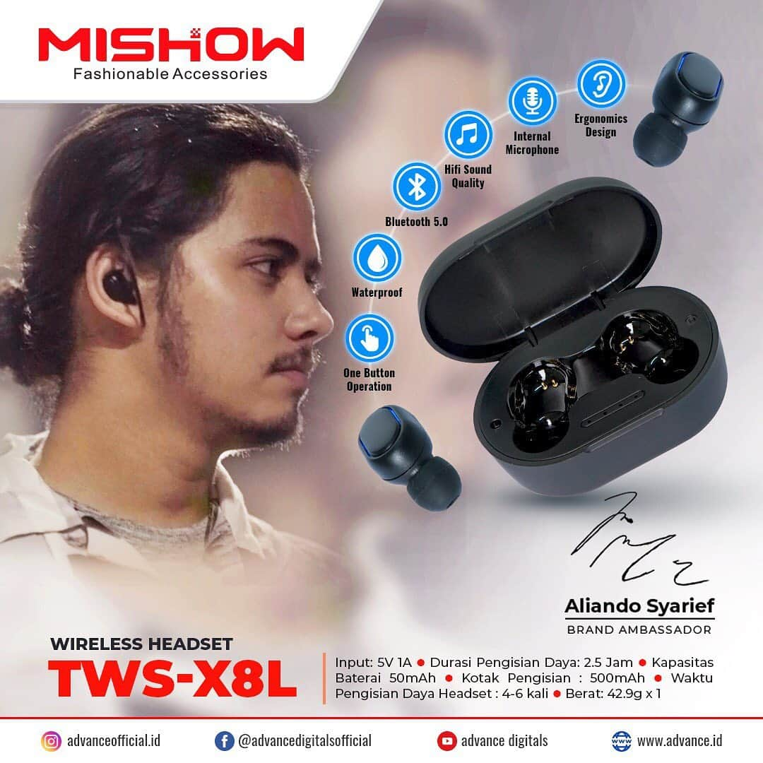 Aliando Syariefのインスタグラム：「Temukan kebebasan yang sesungguhnya dengan Handsfree Mishow Wireless TWS X8L Mendengarkan musik ataupun menerima panggilan sambil tetap beraktifitas tanpa ada kabel yang mengganggu di setiap gerakmu. Spesifikasi Headset : -	Bluetooth : V5.0 Lingkup: 10m -	Input: 5V DC -	Durasi pengisian daya: 1.2 Jam -	Kapasitas baterai: 50 mAh -	Anti air -	One button operation -	Hifi sound quality -	Internal microphone -	Ergonomis design Kotak Pengisian -	Input: 5V 1A -	Durasi pengisian daya: 2.5jam -	Kapasitas baterai: 500mAh -	Waktu pengisian daya headset: 4-6 kali -	Berat: 42.9 Gr x1 --------------------------- Speaker Portable K651, speaker tanpa kabel yang didesain dengan solid dan kokoh untuk di indoor maupun outdoor, dibekali dengan microphone wireless dan baterai speaker 2000mAh serta waktu standbye 5-8 jam. Jadi speaker ini cocok untuk meeting dikantor atau kamu yang bekerja di Event Organizer yang biasa membuat acara gathering outdoor gak perlu repot untuk gulung-gulung kabel yang bikin ribet, menjadikan kamu semakin bebas menggunakannya. #speaker #k651 #advance #speakerportable #speakermeeting #speakeroutdoor #speakerbluetooth #speakerwireless #karaoke #microphonewireless」