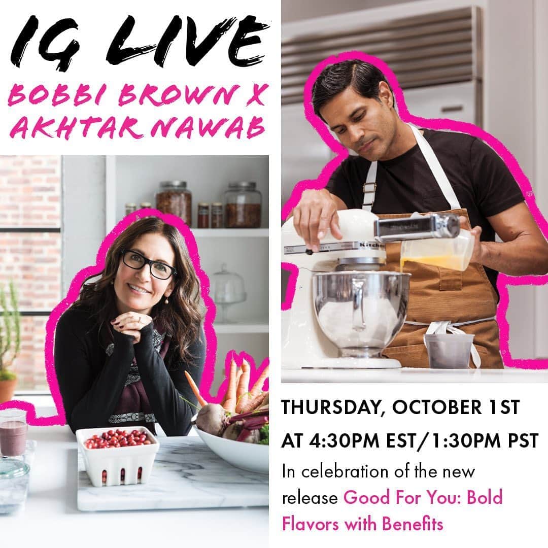 ボビー・ブラウンのインスタグラム：「Giving you a big heads up for my IG Live with  @chefakhtar on Thursday because we’ll be featuring a delicious recipe that you might want to make ahead of time, too. Swipe to check it out. @chefakhtar just released his new cookbook, Good For You, and I’m honored to have written the introduction on healthy eating. Come celebrate with us on Thursday, at 4:30PM EST, over good conversation and chocolate.」