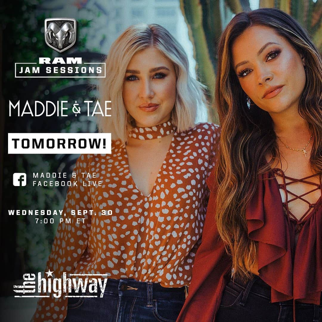 Maddie & Taeさんのインスタグラム写真 - (Maddie & TaeInstagram)「Can’t wait to see y'all tomorrow (9/30) at 7P ET for our #RamJamSessions with @ramtrucks and @sxmthehighway. Be sure to tune in on Facebook Live!」9月30日 7時10分 - maddieandtae