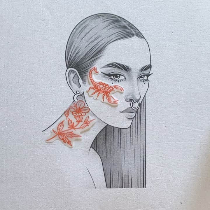 Rik Leeのインスタグラム：「What do you think? ScorpiON or scorpiOFF? ScorpiGO or scorpiNO? . I really enjoy using transparency paper to play around with tattoo ideas, like this scorpion and flower combination for the next zodiac babe. . Also, for those who commented on the initial sketch, saying that she’d make a great Taurus - you’re right! I don’t know why I didn’t see that while drawing her? 🤦🏻‍♂️The nose piercing is so perfect for Taurus. Unfortunately I’ve already progressed past the point of no return on the drawing, featuring her as Scorpio. All good though, I think I’ll run with the nose ring idea when I draw Taurus and I’ll try to make her even more Taurusy. Thanks again for suggestions and ideas, they’re always appreciated. . #riklee #illustration #sketch #art #design #tattoo #scorpion #flowers #process #scorpio #zodiac」