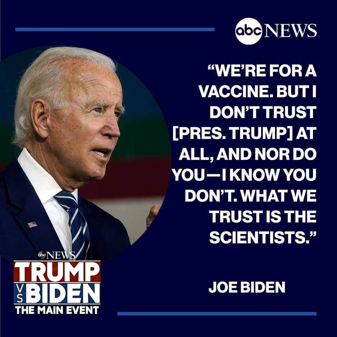 ABC Newsさんのインスタグラム写真 - (ABC NewsInstagram)「Joe Biden: "We're for a vaccine. But I don't trust [Pres. Trump] at all, and nor do you—I know you don't. What we trust is the scientists." #Debates2020」9月30日 11時52分 - abcnews