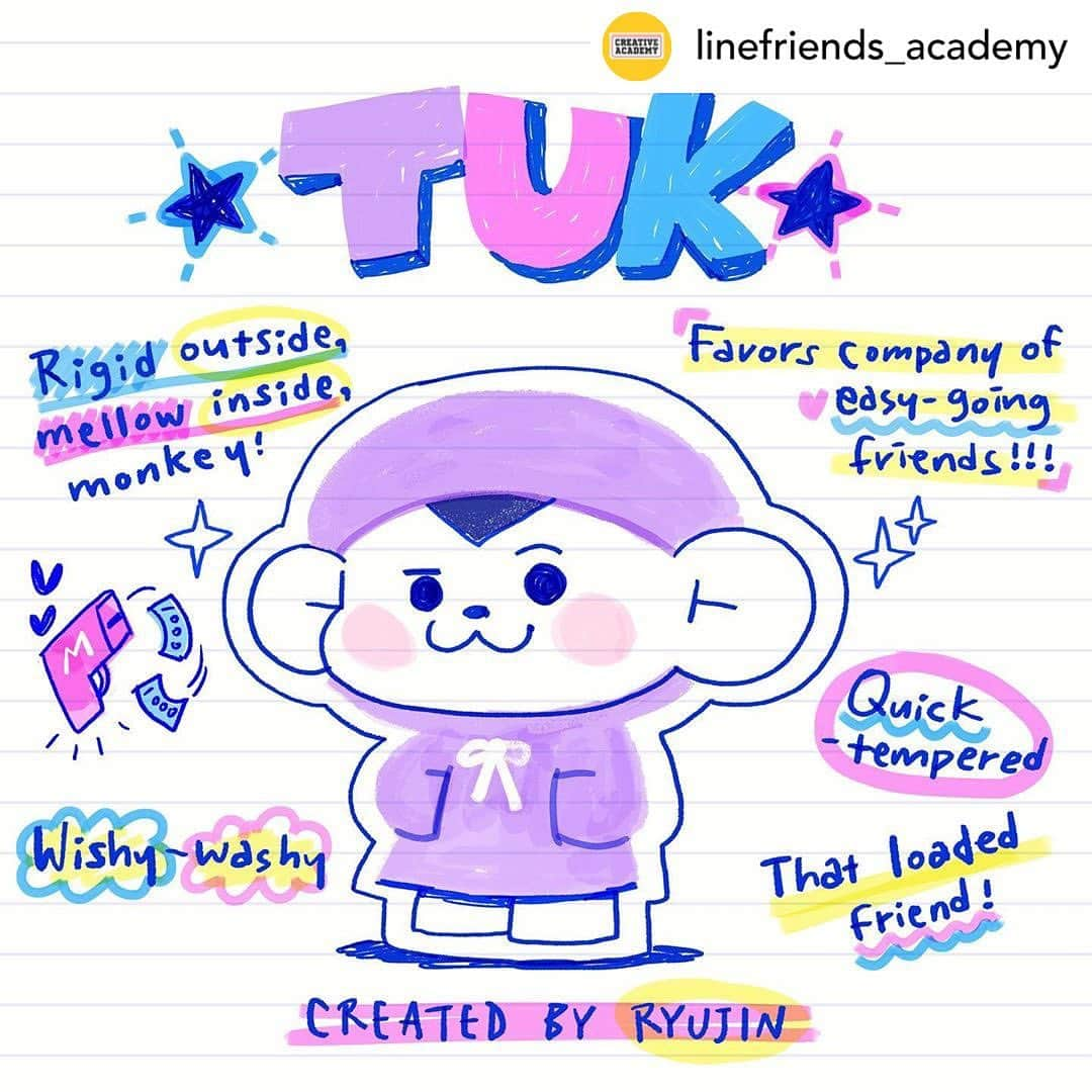 LINE FRIENDSさんのインスタグラム写真 - (LINE FRIENDSInstagram)「Say hello to Ryujin’s lifelong friend, TUK! Just look at that 'lax smile. The cool is with TUK! 😎 ⠀ #Ryujin #TUK #ITZY #MIDZY #Lifelongfriends #character #LINEFRIENDS #CreativeAcademy ⠀ Posted @withregram • @linefriends_academy 쿨내 폴폴~😏 류진이의 캐릭터 툭이에게 인사해줘! #츤데레갑 #툭이라고해 ⠀ #툭 #TUK #류진 #평생친구 #캐릭터 #있지 #믿지 #크리에이티브아카데미 #라인프렌즈 #ITZY #MIDZY #CreativeAcademy #LINEFRIENDS」9月30日 12時03分 - linefriends