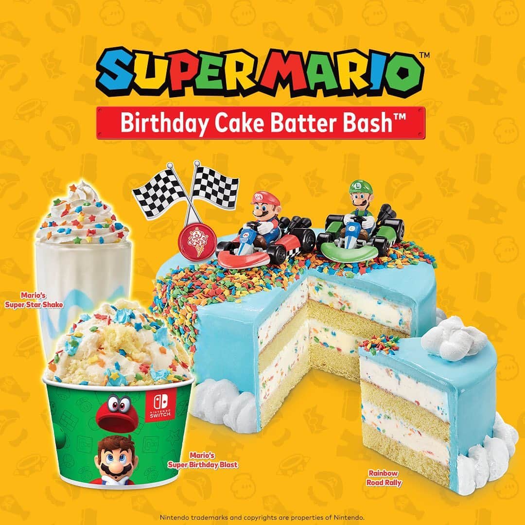 のインスタグラム：「We're excited to announce our new Mario’s Super Birthday Blast Creation™, Mario's Super Star Shake and Rainbow Road Rally Cake. Give it a try before they are gone!  #SuperMario35 #NintendoSwitch」