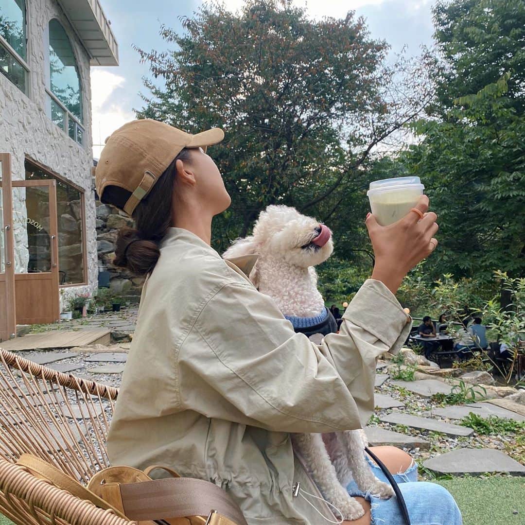 キム・ダヘのインスタグラム：「연휴첫날인데 뭐하세요오 저희는... 가보고싶었던 카페왔는데 율무가 하도 제랄맞아서 20분...? 앉아있다가 집가요 ^^ ㅋ」