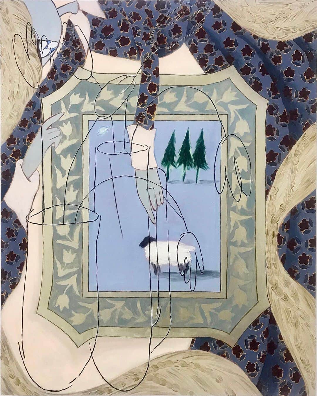 家入一真のインスタグラム：「羊が描かれた絵画を抱きかかえるデフォルメされた少女。ワンピースや額縁の花柄のテクスチャー。スクラッチで描かれた花瓶。多元的な要素が絵画のファニチャー性を訴える。  石井 海音 @amane_ishii  abduction(sheep)  2020 キャンバスに油彩  Oil on canvas 910×727mm  #石井海音  #amaneishii  #oil  #oilpainting  #contemporaryart  #artwork  #urbanart  #現代美術 #現代アート #コンテンポラリーアート #アートコレクター #アートコレクション #artcollector  #artcollection  #japaneseart  #arttnz  #artfair  #imuraartgallery  #家入コレクション」