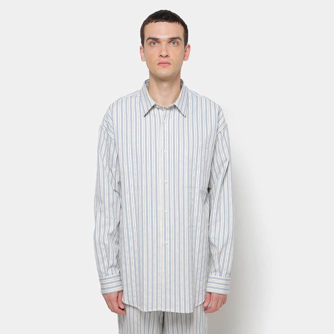 Takayuki Konoのインスタグラム：「. パジャマみたいで可愛い。 Cotton / Cupra Stripe Shirts オンラインにちょっとだけアップしました！ @undecorated_official  #undecorated」