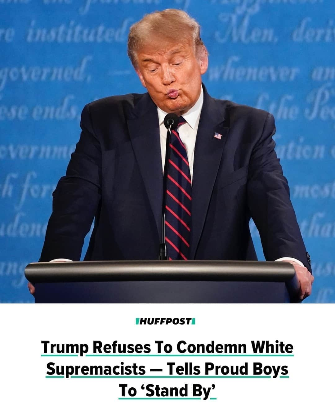 Huffington Postさんのインスタグラム写真 - (Huffington PostInstagram)「President Donald Trump refused to condemn white supremacist violence on Tuesday night, insisting without evidence that violence is a left-wing problem. ⁠ ⁠ During the first presidential debate, moderator Chris Wallace of Fox News asked Trump if he was willing to condemn “white supremacists and militia groups” and tell them to “stand down” in places like Kenosha, Wisconsin, and Portland, Oregon — cities where heavily armed far-right extremists have shown up to anti-racism demonstrations as counterprotesters. ⁠ ⁠ “Sure, I’m willing to do that,” Trump said, “but I would say almost everything I see is from the left wing, not from the right wing.” ⁠ ⁠ “What are you saying?” Wallace asked. ⁠ ⁠ “I’m willing to do anything. I want to see peace,” Trump said.⁠ ⁠ “Well, then do it, sir,” Wallace pressed. ⁠ ⁠ “Say it. Do it,” Democratic nominee Joe Biden added. ⁠ ⁠ “What do you want to call them?” Trump asked. “Give me a name, go ahead, who would you like me to condemn? ⁠ ⁠ Wallace again asked Trump to condemn white supremacists and right-wing militias. Biden told Trump to condemn the Proud Boys, a violent neo-fascist street gang. At this point, Trump demurred. ⁠ ⁠ “Proud Boys? Stand back and stand by,” Trump said before changing the subject. ⁠ ⁠ “But I tell you what, somebody has got to do something about antifa and the left because this is not a right-wing problem, this is a left-wing problem,” Trump added, referring to a loosely organized group of anti-fascist activists. ⁠ ⁠ At an official Trump campaign debate watch party on a farm in Lititz, Pennsyvania, a Proud Boys member reacted with glee when the president mentioned the group.⁠ ⁠ “Uhuru!” the Proud Boys member — who wore the group’s signature black and yellow polo shirt and would identify himself to HuffPost only as O.J. from West Virginia — shouted at the TV screen while laughing. “Uhuru,” is a common Proud Boys chant. Read more at our link in bio. // 📝@jessicaschulberg // 📷 Getty Images」9月30日 22時25分 - huffpost