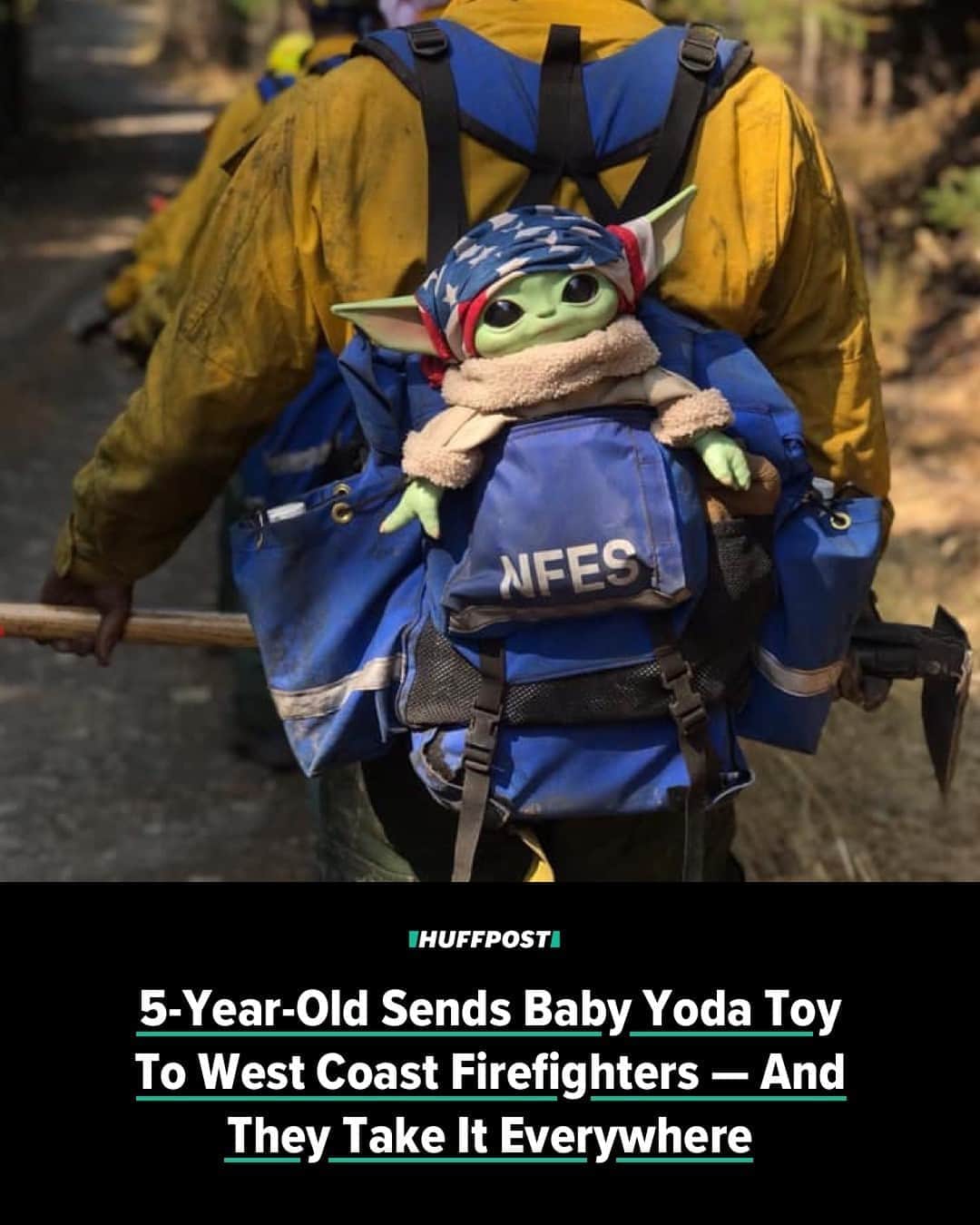 Huffington Postさんのインスタグラム写真 - (Huffington PostInstagram)「A plush toy of Baby Yoda ― formally known as “The Child” on the “Star Wars” spinoff “The Mandalorian” ― has become an unlikely fixture among firefighting squads across the country.⁠ ⁠ The doll was originally donated to fire crews in Scappoose, Oregon, by Sasha Tinning and her 5-year-old grandson, Carver, who found it at a local store and decided that firefighters needed it more than him.⁠ ⁠ “I have always wanted to help and uplift anyone that’s around me,” Carver told news outlet KSAT. “And this really was a bright spot in a dark time I wanted to share with everyone.”⁠ ⁠ Carver and his grandmother donated Baby Yoda in early September, attaching the doll with a tender note that read: “Thank you firefighters. Here is a friend in case you get lonely.”⁠ ⁠ Over the course of the last month, Baby Yoda has been passed around, traveling a remarkable road not dissimilar to his space-faring expeditions on Disney+. The doll has appeared at the sites of multiple blazes burning within both California and Oregon ― including the Lionshead fire, Holiday Farm fire and Riverside fire ― and posed in photos with Oregon National Guard personnel and members of the Federal Emergency Management Agency. On Monday, The Child arrived in Colorado to assist with the Cameron Peak fire in Larimer County.⁠ ⁠ Since Sept. 15, the adventures of Baby Yoda have been documented on a Facebook page set up by Scappoose resident Tyler Eubanks, who coordinated the donation that gave the alien his new home among firefighters.⁠ ⁠ The page ― which had over 24,000 likes as of Tuesday ― has become the home of images, news articles and TikToks showing Baby Yoda’s popularity.⁠ ⁠ Commenting on the doll’s appeal among fire crews, Tinning told CNN, “To have a little bit of sunshine during such a dark time ... [is] really special for them.” See more at our link in bio! // 📷 Baby yoda fights fires/Facebook」10月1日 8時14分 - huffpost
