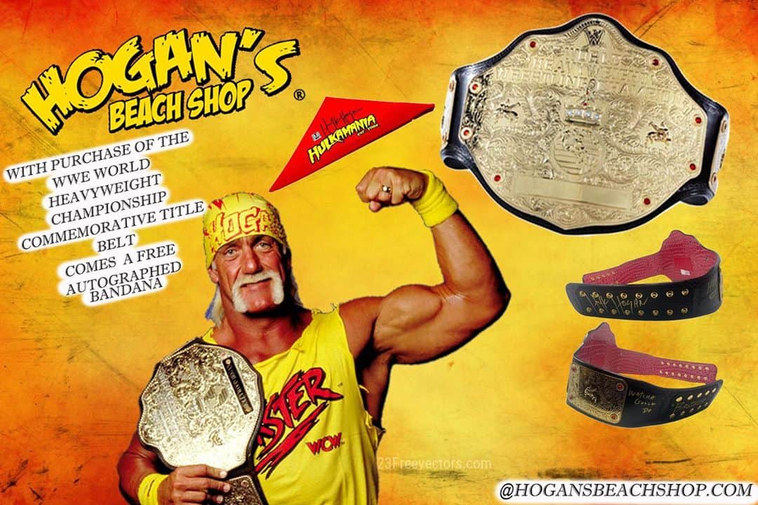 ハルク・ホーガンのインスタグラム：「💥Deals runnin wild all week long💥 We have 5 @wwe world heavyweight championship commemorative tittle belts and with each purchase of these belts comes a 💯 free Autographed Bandana🙌 (LINK IS IN BIO)@hogansbeachshop @hogansbeachshop @hogansbeachshop @hogansbeachshop #clearwaterbeach #hogansbeachshop #hulkhogan #wwe」