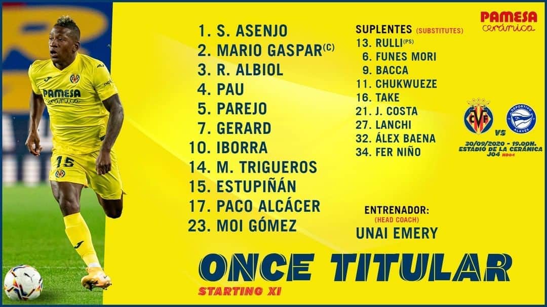 ビジャレアルCFさんのインスタグラム写真 - (ビジャレアルCFInstagram)「¡Aquí tenéis el once inicial del Submarino de hoy ante el @Alaves (19.00h, La Cerámica)! . Here you have the Yellows’ starting XI against Alavés today (7pm CEST, La Cerámica)! . #Villarreal #Futbol #Football #Soccer #LaLiga」10月1日 0時50分 - villarrealcf