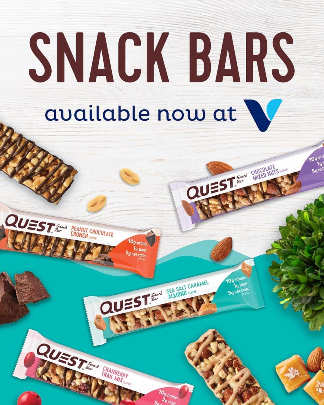 questnutritionさんのインスタグラム写真 - (questnutritionInstagram)「Get your Quest Snack Bars at @VitaminShoppe – online & in stores! 🙌 Perfect for those in-between snacking moments with 1-2g of sugar, 5g net carbs & 10g of protein. 💪😋 • Choose from Peanut Chocolate Crunch, Sea Salt Caramel Almond, Chocolate Mixed Nuts, & Cranberry Trail Mix flavors - sweet & salty treats made with real almonds, peanuts, & fruit. 💙 #onaquest」10月1日 0時42分 - questnutrition