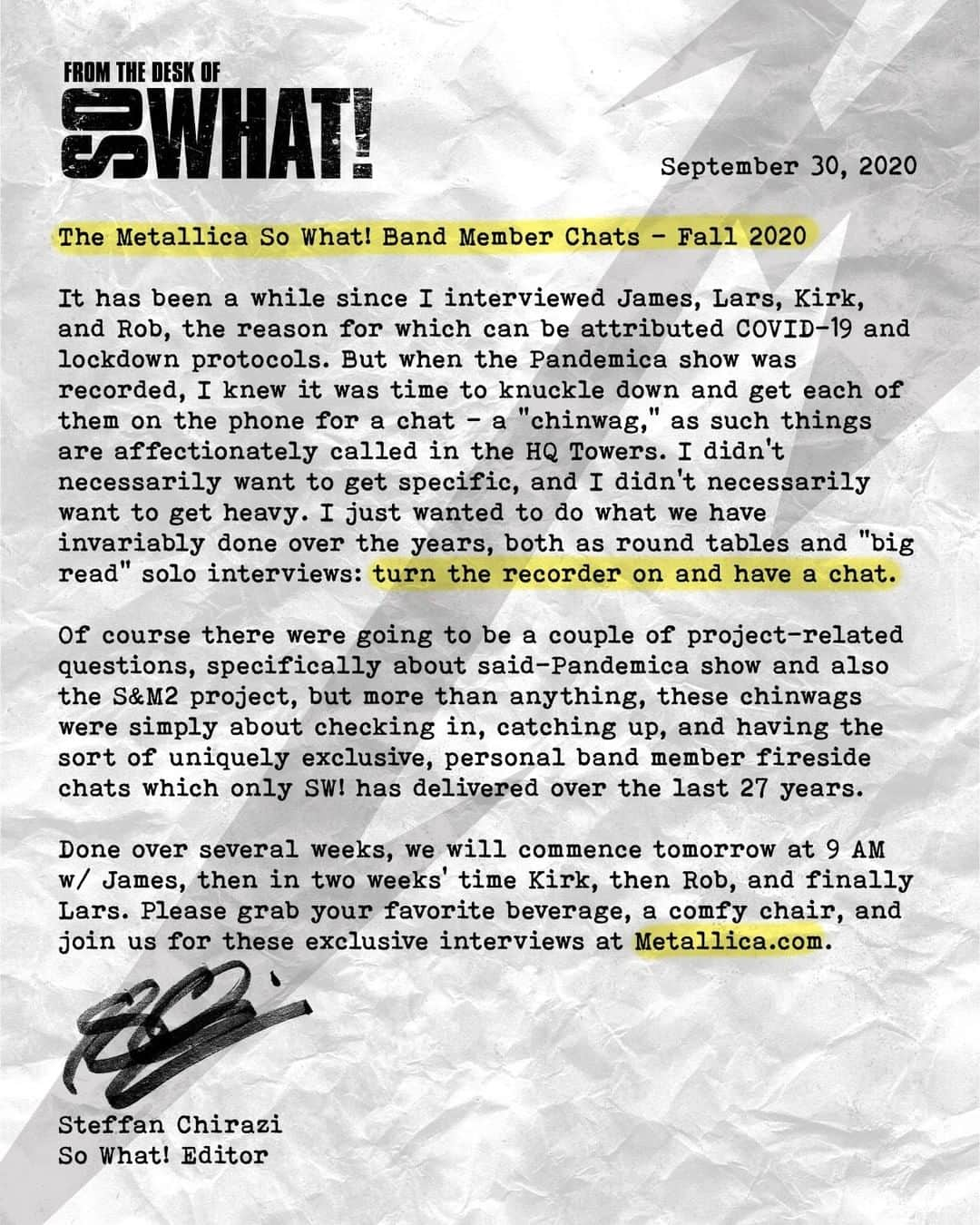 メタリカさんのインスタグラム写真 - (メタリカInstagram)「It has been a while since Steffan Chirazi interviewed us for So What!… that changes beginning tomorrow at 9 AM PDT. Fifth Members can log in to Metallica.com to read personal conversations between our Editor and each of us individually, with a new edition coming every two weeks.  Not a Fifth Member? Sign up for free at Metallica.com.」10月1日 1時01分 - metallica