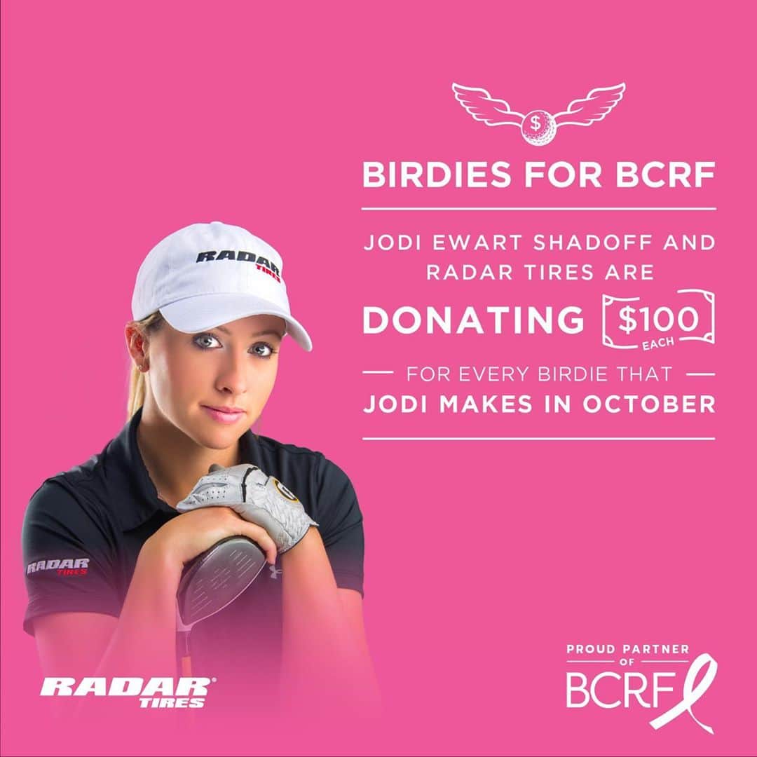 ジョディー・エワート・シャドフさんのインスタグラム写真 - (ジョディー・エワート・シャドフInstagram)「Tomorrow marks the start of October and the beginning of breast cancer awareness month! I am proud to support the Birdies for BCRF program again this year. For every birdie I make during the 3 @lpga tournaments in October @radartires and myself will be donating $100 to @BCRFcure through @playforpink.  @radartires, a proud supporter of @BCRFcure since 2011, pledges to fund a minimum of 1,000 hours of research this year to advance the mission of BCRF. #BeTheEnd #BCRFCure #OmniUnited #Tires」10月1日 9時42分 - jodi_ewart