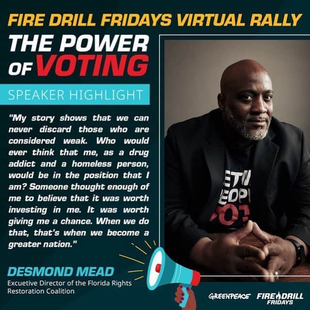 ジェーン・フォンダさんのインスタグラム写真 - (ジェーン・フォンダInstagram)「Repost from @firedrillfriday • Hear @DesmondMeade44's story on Friday's Virtual Fire Drill Friday rally! RSVP at the link in our bio. ⠀⠀⠀⠀⠀⠀⠀⠀⠀ Desmond Meade is a formerly homeless returning citizen who overcame many obstacles to eventually become the President of the Florida Rights Restoration Coalition (FRRC), Chair of Floridians for a Fair Democracy, a graduate of Florida International University College of Law, a Ford Global Fellow, and a published author of “Let My People Vote.” ⠀⠀⠀⠀⠀⠀⠀⠀⠀ Recognized by Time Magazine as one of the 100 Most Influential People in the World in 2019, Desmond led the FRRC to a historic victory in 2018 with the successful passage of Amendment 4, a grassroots citizen’s initiative which restored voting rights to over 1.4 million Floridians with past felony convictions. Amendment 4 represented the single largest expansion of voting rights in the United States in half a century and brought an end to 150 years of a Jim Crow-era law in Florida. Named Floridian and Central Floridian of the Year 2019, Desmond presently leads efforts to empower and civically re-engage local communities across the state, and to reshape local, state, and national criminal justice policies. ⠀⠀⠀⠀⠀⠀⠀⠀⠀ A sought-after speaker, Desmond has testified at the United Nations and Congressional hearings He has appeared on numerous shows such as Al-Jazeera, Democracy NOW, MSNBC with Joy Ann Reid, FOX News with Dana Perino and Tucker Carlson, Samantha Bee, and All In with Chris Hayes. He is a guest columnist for the Huffington Post in which one of his articles about the death of Trayvon Martin garnered national attention. Desmond has been featured in several newspaper and magazine articles and was chosen as a “Game Changer” by Politic 365, as well as being recognized as a “Foot Soldier” on the Melissa Harris-Perry Show on MSNBC.」10月1日 5時06分 - janefonda