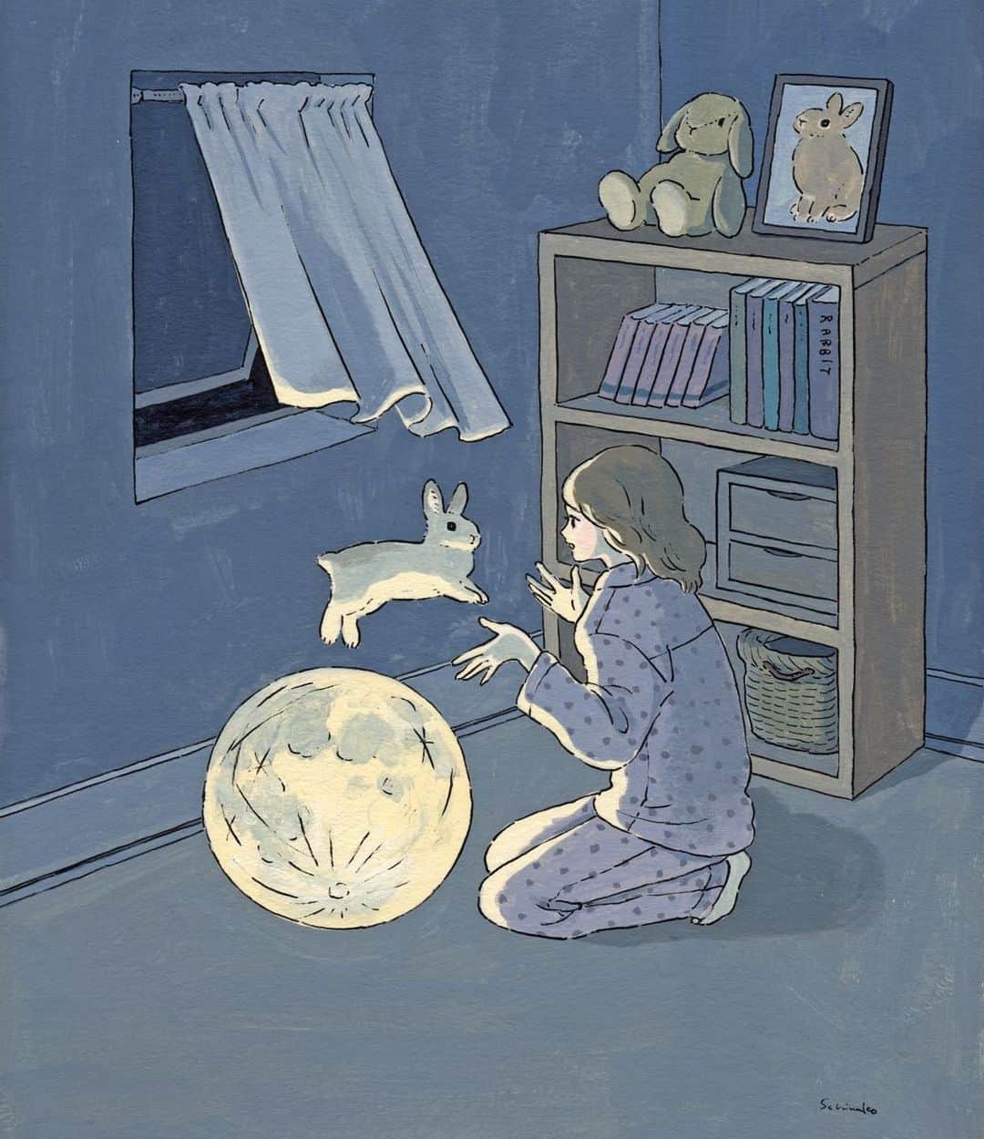 森山標子(しなこ)/Schinakoのインスタグラム：「The harvest moon🌕 中秋の名月。火星も近くで赤く輝いてて空がにぎやか。 * #illustration#art#drawing#design#acrylicpaint#アクリル絵の具#rabbit#bunny#うさぎ」