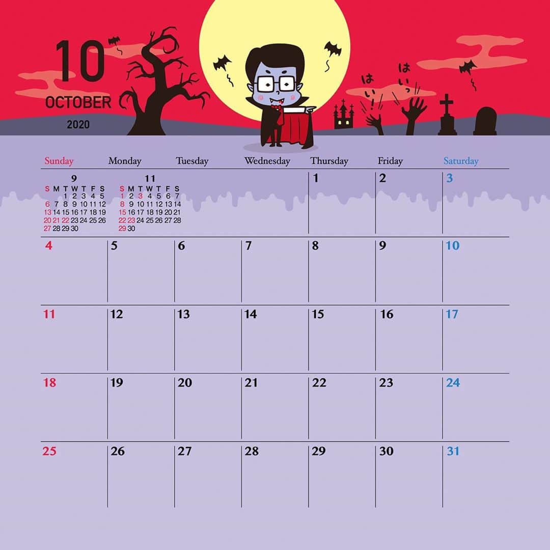北沢直樹のインスタグラム：「ち〜🧛🏻‍♂️🩸 ・ #October #10月 #ドラキュラ #Dracula  #cal #calendar #カレンダー #drawing #painting #artworks #manga #character #キャラクター #キャラ #cartoon #anime #アニメ #illustration #ilustration #イラスト #kawaii #カワイイ #mydesign」