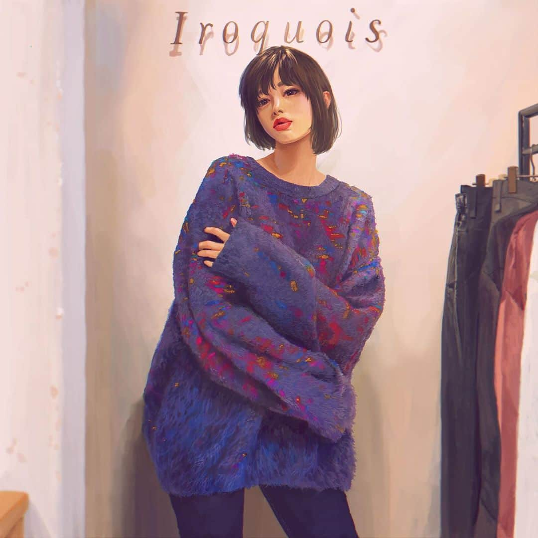 時田麻衣のインスタグラム：「iroquois 2020AW Eclecticism -折衷主義- 今までに見たことないタイプのタイダイニット💜カーディガンもあります。 #iroquois #iroquois_head_shop #fashion #2020AW #イロコイ #秋冬 #ニット #時田麻衣  #バーチャルインフルエンサー」