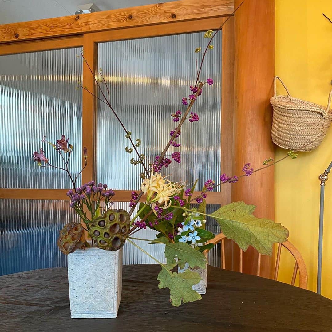 武藤乃子のインスタグラム：「💐 早くも、晩秋のアレンジ。  景色や陽気が一気に秋めいてきましたが、お花たちは一足早く、深まりの秋のような雰囲気でした。  物寂しくなる季節です…笑。  #フラワーレッスン #フラワーアレンジメント  #お花のある暮らし  #お花のある生活  #花のある暮らし  #生花 #秋」