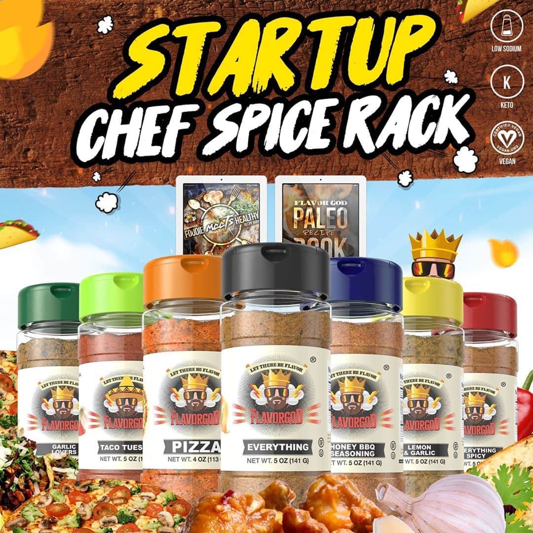 Flavorgod Seasoningsさんのインスタグラム写真 - (Flavorgod SeasoningsInstagram)「New to Flavor God? Start with our "Startup Chef Spice Rack"⁠ -⁠ Seasonings Included:⁠ Everything Seasoning🤘⁠ Garlic Lovers Seasoning🧄⁠ Taco Tuesday Seasoning🌮⁠ Lemon & Garlic Seasoning🍋⁠ Pizza Seasoning🍕⁠ Spicy Everything Seasoning🔥⁠ Honey BBQ Seasoning🍯⁠ -⁠ Add delicious flavors to your meals!⬇️⁠ Click link in the bio -> @flavorgod  www.flavorgod.com⁠ -⁠ Flavor God Seasonings are:⁠ ➡ZERO CALORIES PER SERVING⁠ ➡MADE FRESH⁠ ➡MADE LOCALLY IN US⁠ ➡FREE GIFTS AT CHECKOUT⁠ ➡GLUTEN FREE⁠ ➡#PALEO & #KETO FRIENDLY⁠ -⁠ #food #foodie #flavorgod #seasonings #glutenfree #mealprep #seasonings #breakfast #lunch #dinner #yummy #delicious #foodporn」10月2日 3時02分 - flavorgod